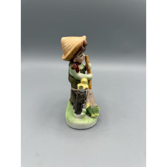 Vintage Bisque Boy Figurine with Bird & Broom Homco Style Japan 4.5” - Picture 2 of 6